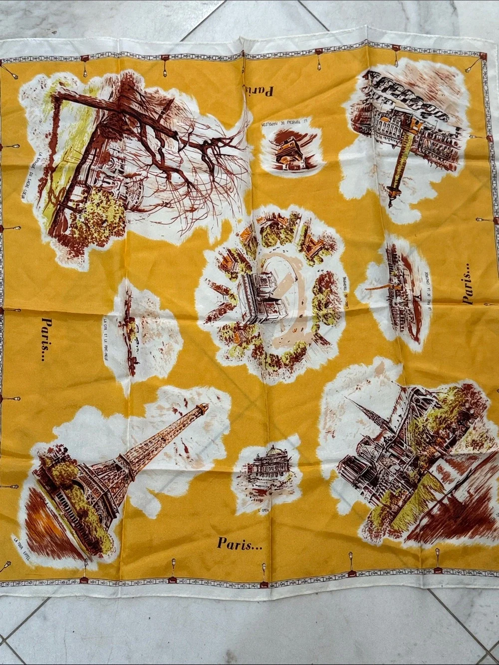 Parisian Paris France Landmark Scarf Mustard Yellow VINTAGE Excellent Unique